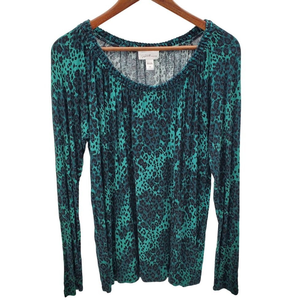 Jaclyn Smith Womens Cheetah Animal Print Blouse Top Sz L Green Black Long Sleeve